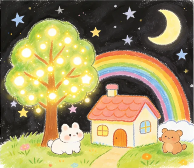 Demonstration drawing of a night garden with a glowing tree, rainbow, house, and animals