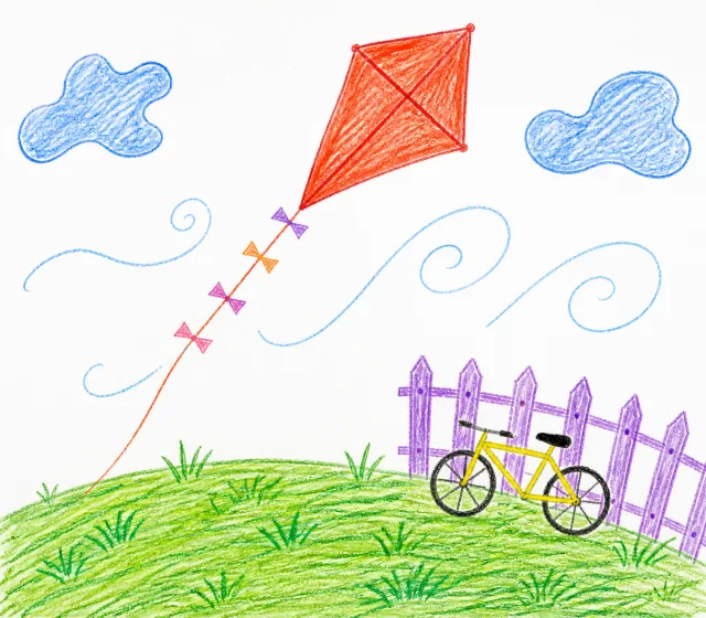 Original fictional demonstration drawing of a kite, hill, clouds, bicycle, and fence